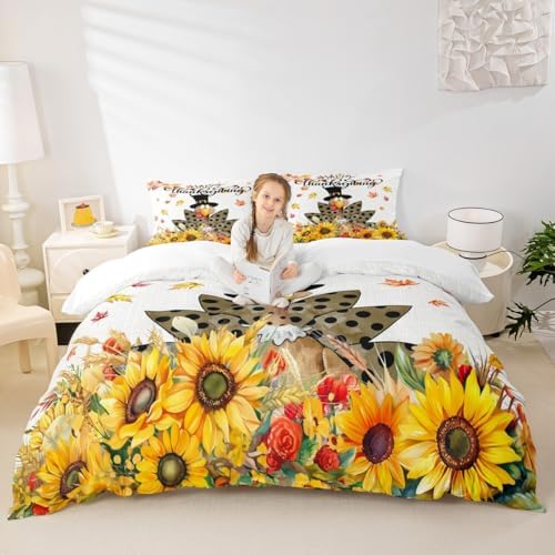 Happy Thanksgiving Kids Duvet Cover Set Queen Size,Cartoon Turkey Sunflowers Bedding Set,Girls Boys Adults Room/Cabin Decor,Fall Maple Leaves Comforter Cover,Rustic Farm Quilt Cover,2 Pillowcases by Manfei