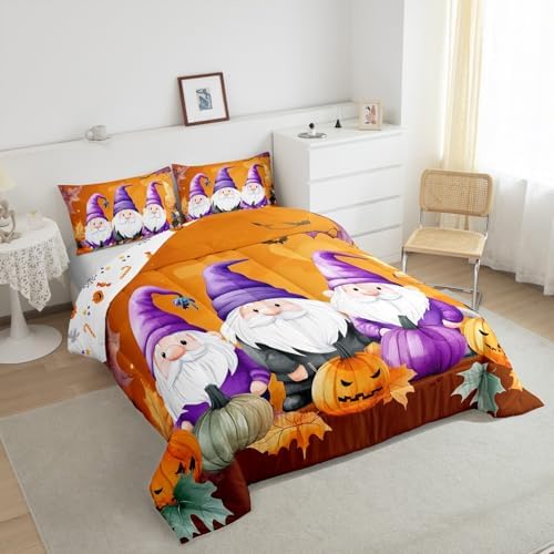 Fall Gnome Comforter Set King Size Thanksgiving Pumpkin Bedding Set For Kids Children Autumn Harvest Down Comforter Maple Leaf Quilt Set Orange Purple Lightweight Room Decor 2 Pillow Cases - Image 4