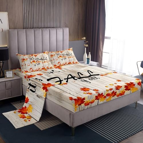 Fall Maple Leaves Sheet Set Twin Autumn Nature Botanical Bed Sheets Rustic Farmhouse Fall Bedding Set For Kids Adults Soft Breathable Fitted Sheet Orange Gold Beige Flat Sheet 1 Pillow Case - Image 2