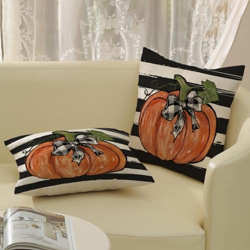 Fall Pillow Covers 18x18 Set of 2 Pumpkin Maple Leaves and Stripes Fall Decor Pillowcase Linen Autumn Thanksgiving Decorative Outdoor Throw Pillow Covers Farmhouse Cushion Case for Couch Home - Image 5