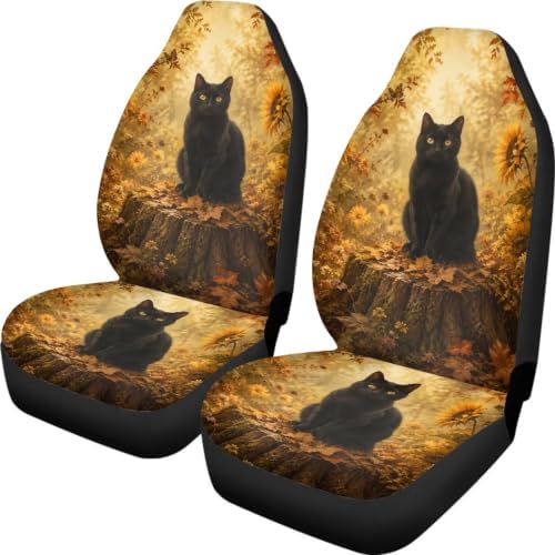 Talayituse Cat Forest Print Car Seat Cover Front Seats Only Full Set of 2, Universal Bucket High Back Car Front Seat Covers Autumn Decor