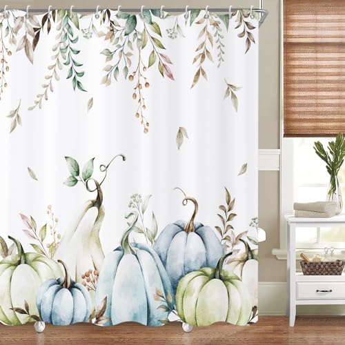 Fall Pumpkins Shower Curtain, Watercolor Green Autumn Pumpkins with Leaves On The Top Harvest Fruits Thanksgiving Bathroom Curtain Waterproof Fabric Machine Washable with Hooks, 48" Wx72 L by Caheansi