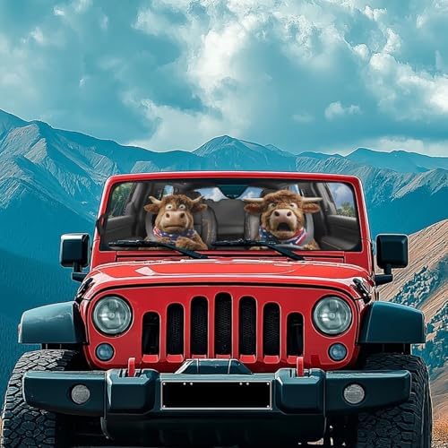 Renewold Auto Front Windshield Sun Shade Compatible with Jeep Wrangler Car Window Easy Install Sunshade Cover UV Glare Heat Sunlight Blocker Sun Visor for Jeep Gladiator JT Funny Highland Cow Driving