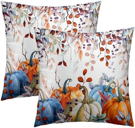 Sweetshow Orange and Blue Autumn Pumpkins Throw Pillow Covers 16X16 Inches Set of 2 Fall Maple Leaves Pillowcase Soft Cotton Square Thankgiving Cushion Covers for Home Sofa Patio Bedroom Decoration by Sweetshow