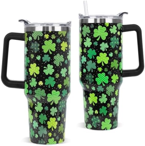St Patricks Day Tumbler with Handle 40 oz Green Lucky Shamrock Coffee Travel Mug Stainless Steel Insulated Cup Irish Saint Patricks Decor Gifts by Unknown