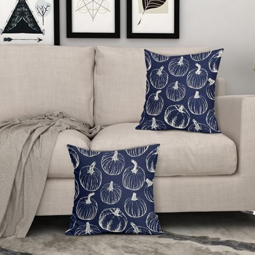 Navy Blue Fall Pumpkin Pillow Covers 16x16 Set of 2 Autumn Themed Thanksgiving Cream Print Decorative Throw Pillows Outdoor PillowCase Farmhouse Linen Cushion Case Decor for Home Sofa Couch Bed - Image 3
