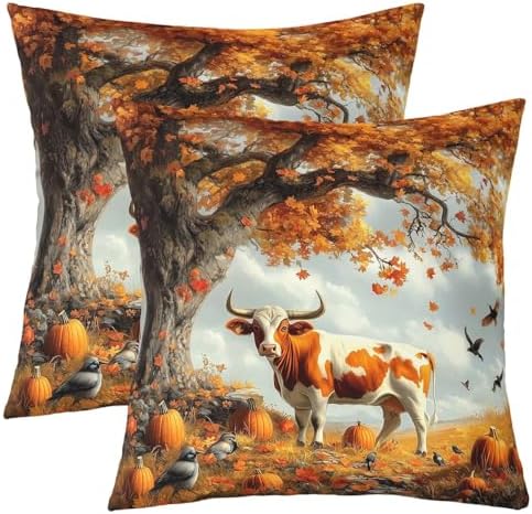 Fall Cattle Pillow Case Covers Double Sides,Autumn Farmhouse Pumpkin Maple Leaves Tree Pack of 2 Pillow Covers,Rustic Farm Animal Cabin Cow Decorative Throw Pillow Covers,20"x 20" by Manfei