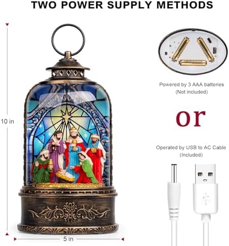 Christmas Snow Globe Swirling Glittering Nativity Scene with Music, USB Lined/Battery Operated Lighted Water Lantern for Christmas Festival Decoration Gifts - Image 5