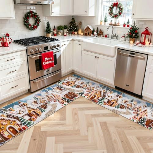 U'Artlines Christmas Kitchen Rugs and Mats Set of 3, Gingerbread Village - Image 4