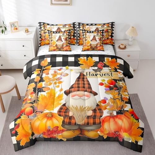 Erosebridal Fall Gnome 7 Piece Bedding Set Twin Thanksgiving Day Harvest Comforter Set with Sheets Farmhouse Maple Leaf Pumpkin Bed in A Bag for Kids Boys Girls Autumn Grids Country Bed Set by Erosebridal