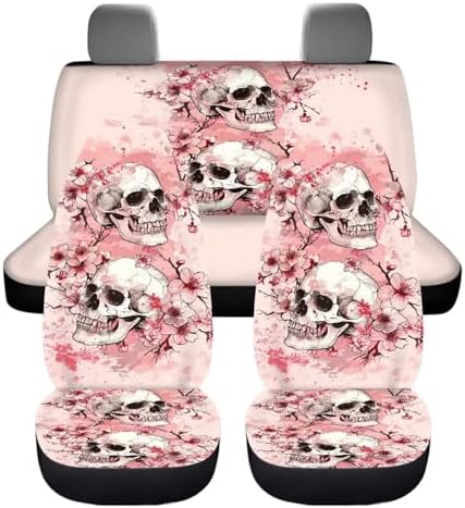 Skulls Pink Cherry Blossom Print Car Seat Covers 4Pcs Front & Rear Breathable Seat Covers Universal Fits for Truck, Sedan, SUV Auto Interior Protector Car Accessories