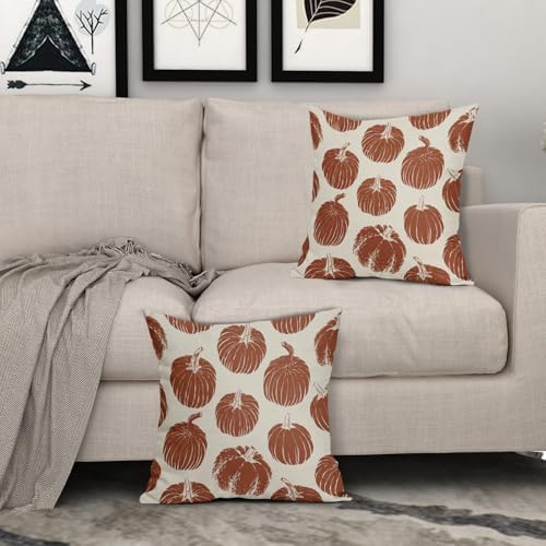 Rust Red Pumpkin Fall Pillow Covers 18x18 Set of 2 Autumn Harvest Print Thanksgiving Decorative Throw Pillows Outdoor Farmhouse Cushion Case Seasonal Decor for Couch Sofa Bed - Image 3