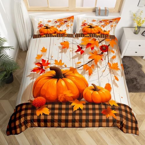 Erosebridal Fall Pumpkin Harvest Duvet Cover Queen Size, Country Cottage Decor Comforter Cover for Kids Teens Adult Bedroom, Brown Plaid Bedding Set Rustic Maple Autumn Leaves Bedspread Cover - Image 4