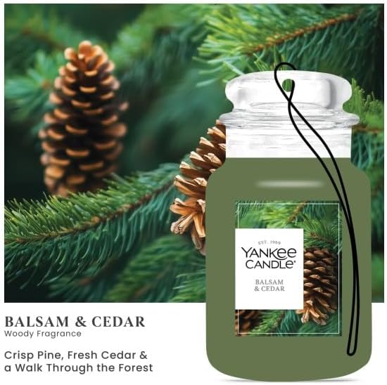 Yankee Candle Paper Car Jar Air Freshener, Hanging Car Freshener, Long Lasting Car Fragrance, Balsam & Cedar (Pack of 10)