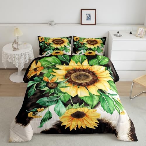 Erosebridal Sunflower Decor Bedding Comforter Sets Cowhide Bedding King Size Cow Print Comforter Set for Toddler, Sunflower Gifts for Women Bedding Farmhouse Fall Decor Down Comforter for Youth Teens - Image 2