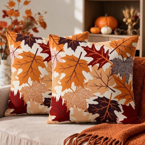 Fall Leaves Pillow Covers 22x22 Set of 2, Maple Leaf Autumn Harvest Thanksgiving Decorative Throw Pillow Cases Holiday Outdoor Seasonal Farmhouse Decor for Sofa Couch Bed by Unknown