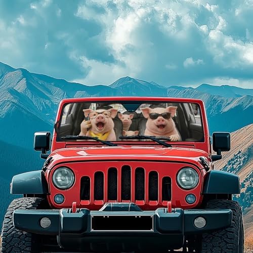 Renewold Funny Pink Pig Driving Windshield Sun Shade Car Front Window Sunshade for Jeep Wrangler JK JKU JL JLU 2/4 Door Gladiator JT Auto Sun Visor Shield Blocks UV Sunlight Heat Car Accessories Cover