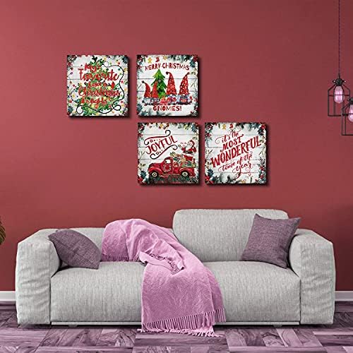 Christmas Wall Art Santa Claus Gnomes Picture Farmhouse Red Truck with Gifts Decor Christmas Tree Painting Colorful Balls Canvas Poster Xmas Artwork for Bedroom Living Room Decoration 12x12" 4Pcs - Image 3