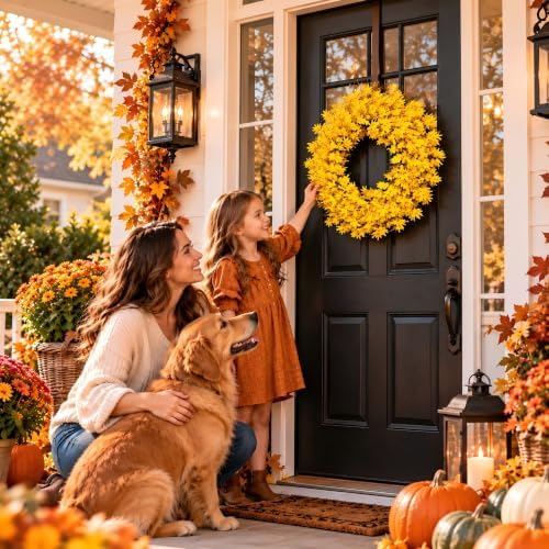 24 Inch Fall Wreath for Front Door Full Yellow Forsythia Wreath - Image 6