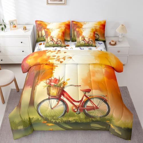 Bicycle Twin Size Comforter Set with Sheets Fall Decorations for Home 7 Pieces Bed in a Bag Twin Maple Leaves Rustic Farmhouse Autumn Decor Beddding Sets with Comforter,Flat Sheet,Pillowcases by Erosebridal