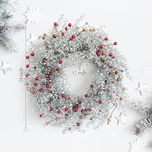 24 Inch Fall Wreath for Front Door with Red Bronze & White Berries - Image 2