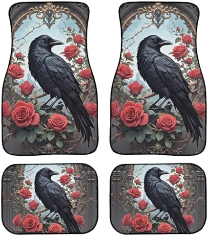 Black Raven Print Car Rubber Floor Mat 4PCS Rose Flower Forest Bird Pattern Front and Rear Mats Non-Slip Floor Mats Heel Pad Fit for SUV Van Truck Car