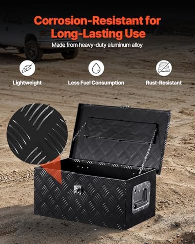 VEVOR Heavy Duty Aluminum Truck Bed Tool Box, Stripes Plated Tool Box with Side Handle and Lock Keys, Storage Toolbox Chest Organizer for Trailer, Pickup, Truck Bed, RV, 20"x12"x9.5", Black - Image 3