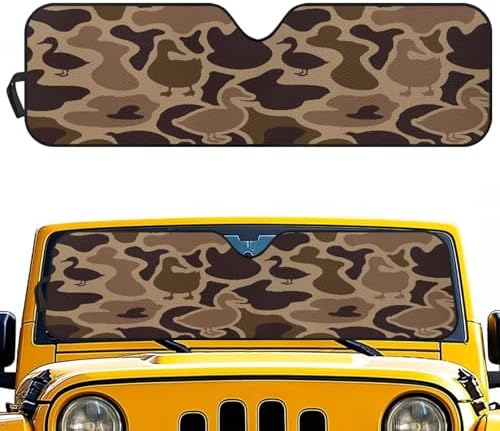 Renewold Duck Camo Automotive Windshield Sunshade UV Heat Sunlight Reflecting Foldable Front Window Sun Visor Car Shade for Windshield Easy Install Sun Shield for Jeep Wrangler Gladiator JT Summer
