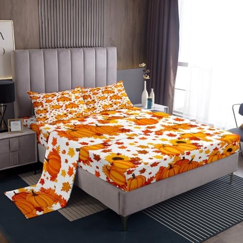 Fall Pumpkin Bed Sheets Twin Autumn Maple Leaves Bedding Set Thanksgiving Harvest Season Decor Sheet Set For Home,Rustic Farmhouse Sunflower Fitted Sheet Orange White Flat Sheet + 1 Pillow Case - Image 2