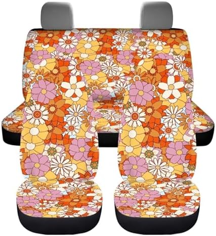 Hippie Flowers Print Car Seat Covers Set Front Rear Seat Covers 4 Piece Vehicle Split Bench Protector Cover Aesthetic Auto Accessories for SUV Van Interior Decor