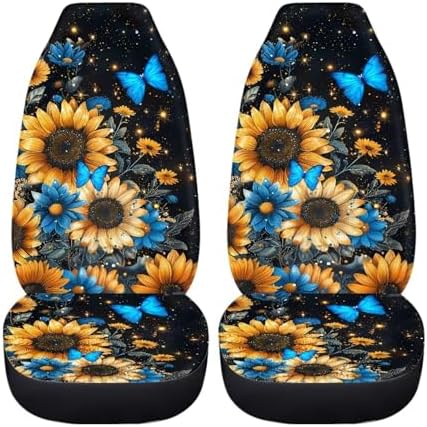 BIGCARJOB Sunflower Car Accessories Sets 2 Pcs Auto Front Seat Protector Butterfly Print Car Seat Cover Sets for Womens Girly Cute Car Interior Seat Cushion Pads