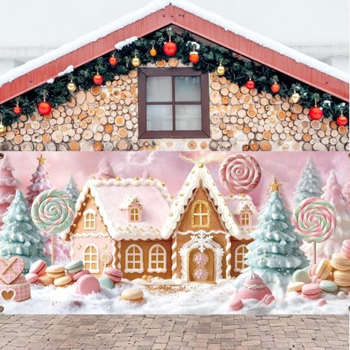 Preboun Pastel Christmas Garage Door Cover 7 X 16 ft Candyland House - Image 4