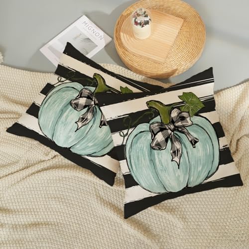 Fall Pillow Covers 18x18 Inch Pack of 2 Teal Blue Pumpkin Leaf Stripes Fall Decor Pillowcase Autumn Thanksgiving Decorative Outdoor Throw Pillow Covers Linen Farmhouse Cushion Case for Sofa Home - Image 5