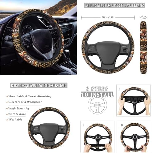 12Pcs Brown Horse Auto Seat Cover Protection Front Rear Seats,Breathable 15 Inch Steering Wheel Covers+Coaster+Keychain+Armrest+Seat Belt Pads,Southwestern Tribal Horse Car Accessory Decor