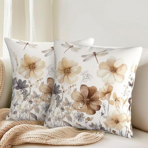 KiuLoam Rustic Floral Pillow Covers 16x16 Inch Set of 2, Gray Brown Watercolor Flower Farmhouse Decorative Throw Pillows, Neutral Outdoor Square Cushion Cases for Sofa Couch Bed Home Decor - Image 2
