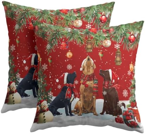 Christmas Red Throw Pillow Covers 20x20 Set of 2 santa hat dog trio snowman - Image 2