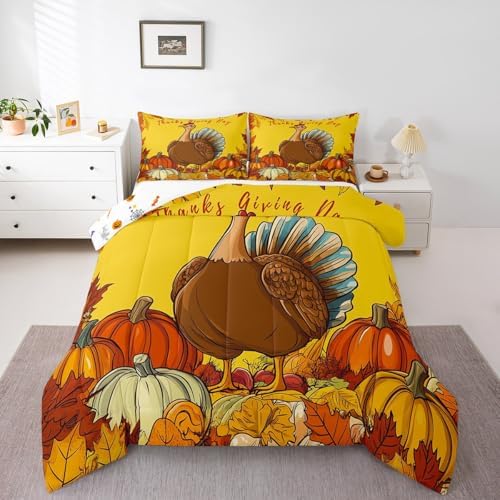 Erosebridal Fall Pumpkin Comforter Set For Kids Boys Girls Thanksgiving Turkey Bedding Twin Size Autumn Harvest Botanical Leaves Down Orange Cartoon Chick Animal Quilted Duvet Farmhouse Room Decor by Erosebridal
