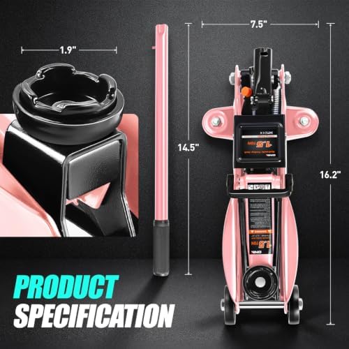 DNA Motoring 1.5 Ton Car Floor Jack Low Profile Hydraulic Trolley Service/Floor Jack, 1.5T / 3000 lbs Capacity, Lifting Range 5.3 Inch -12 Inch, with Storage Case, Pink, TOOLS-00327-PK - Image 4