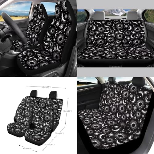 Celestial Sun Moon Stars Print Car Seat Covers 15Pcs Full Set Car Steering Wheel Cover Seat Belt Cover Trash Bin Air Vent Storage Box Rear View Mirror Car Cup Holder Keychain