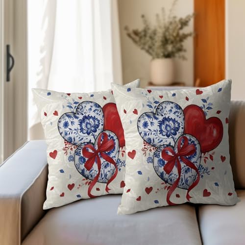Valentines Day Pillow Covers 18x18 Set of 2 Red Blue Heart Throw Pillow Covers Love Pillowcase Linen Decoration Farmhouse Holiday Cozy Soft Cushion Case Couch for Indoor Outdoor Home Decor - Image 3