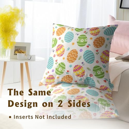 Sweetshow Easter Throw Pillow Covers 20X20 Inches Set of 2 Colorful Eggs Spring Flowers Pillowcase Soft Cotton Square Seasonal Cushion Covers for Living Room Sofa Bedroom Decor - Image 5