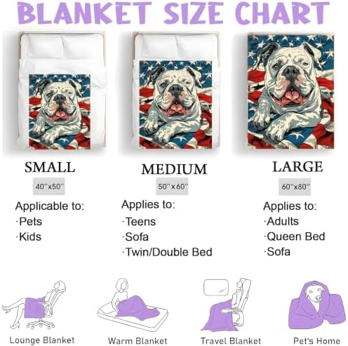 Bulldog Patriotic American Flag Throw Blanket Gifts for Women Kids, 60x80in - Image 3