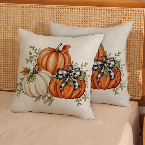 Fall Pillow Covers 18x18 Set of 2 Orange White Pumpkin Maple Leaves Plaid Throw Pillow Covers Autumn Outdoor Decorative Thanksgiving Pillow Cases Harvest Linen Cushion Cover for Couch Decor - Image 3