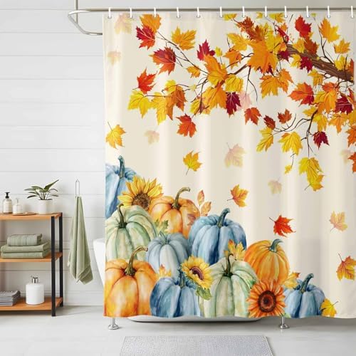 Fall Shower Curtain Autumn Maple Leaves Bathroom Curtains with Hooks, Waterproof Polyester Fabric Thanksgiving Harvest Pumpkin Sunflower Shower Curtains Set for Bathroom Bathtubs Decor 72x84 Inch - Image 2