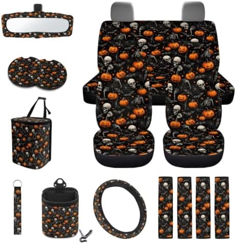 15Pcs Car Seat Cover Full Set Car Steering Wheel Cover Seat Belt Cover Trash Bin Air Vent Storage Box Front Rear View Mirror Car Cup Holder Keychain, Halloween Gothic Pumpkin & Skull