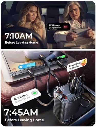 LISEN Retractable Car Charger USB C [Upgraded Dual Type C] 75W Fast 4 in 1 Car Charger for iPhone 17, Gifts for Him Her Men Women, Carbon Black