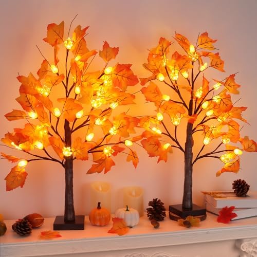 2 Pack 24 Inch Lighted Maple Trees with 48 LEDs & Timer, Fall Decorations for Home, Battery Operated Artificial Autumn Tabletop Tree with Acorns Maple, Indoor Fall Decor Thanksgiving Table Centerpiece - Image 4