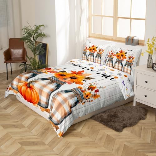 Erosebridal Fall Pumpkin Harvest Bedding Set Twin, Happy Thanksgiving Duvet Cover for Kids Teens Adult Bedroom, Sunflower Maple Autumn Leaves Comforter Cover Rustic Farmhouse Barn Door Bed Set - Image 5