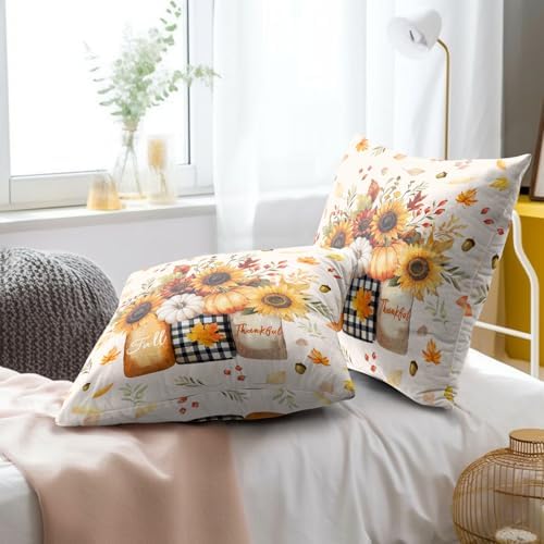 Autumn Sunflowers Vase Throw Pillow Covers 24X24 Inches Set of 2 Fall Thankful Pumpkin Maple Leaves Pillowcase Soft Cotton Square Cushion Covers for Home Sofa Patio Bedroom Decoration - Image 6