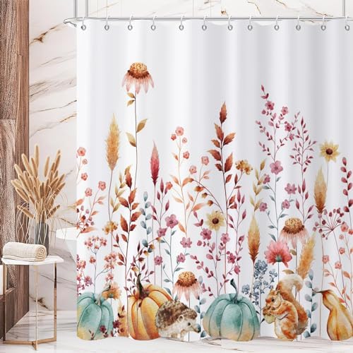 Fall Shower Curtain, Watercolor Autumn Pumpkins Floral Harvest Fruits Animals Thanksgiving Bathroom Curtain Waterproof Fabric Machine Washable with Hooks, 36" Wx72 L - Image 2